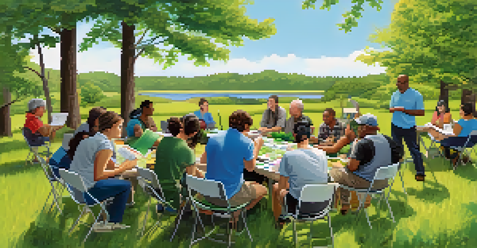 A diverse group of people participating in a workshop about managing invasive plant species, with educational materials and plants in the background.