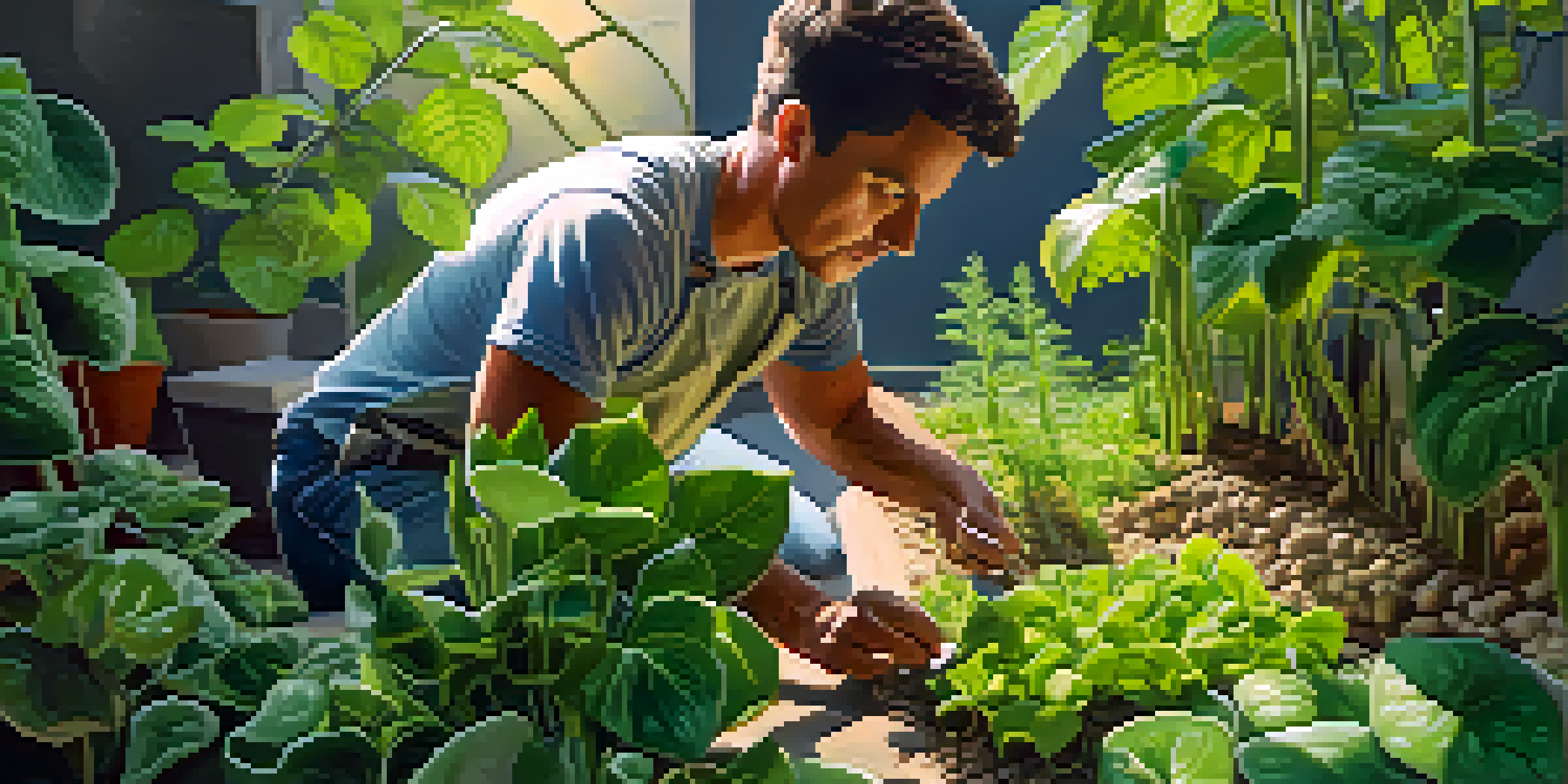 A close-up view of healthy green plants in a garden, with sunlight illuminating their textures, while a gardener adds crushed eggshells to the soil.