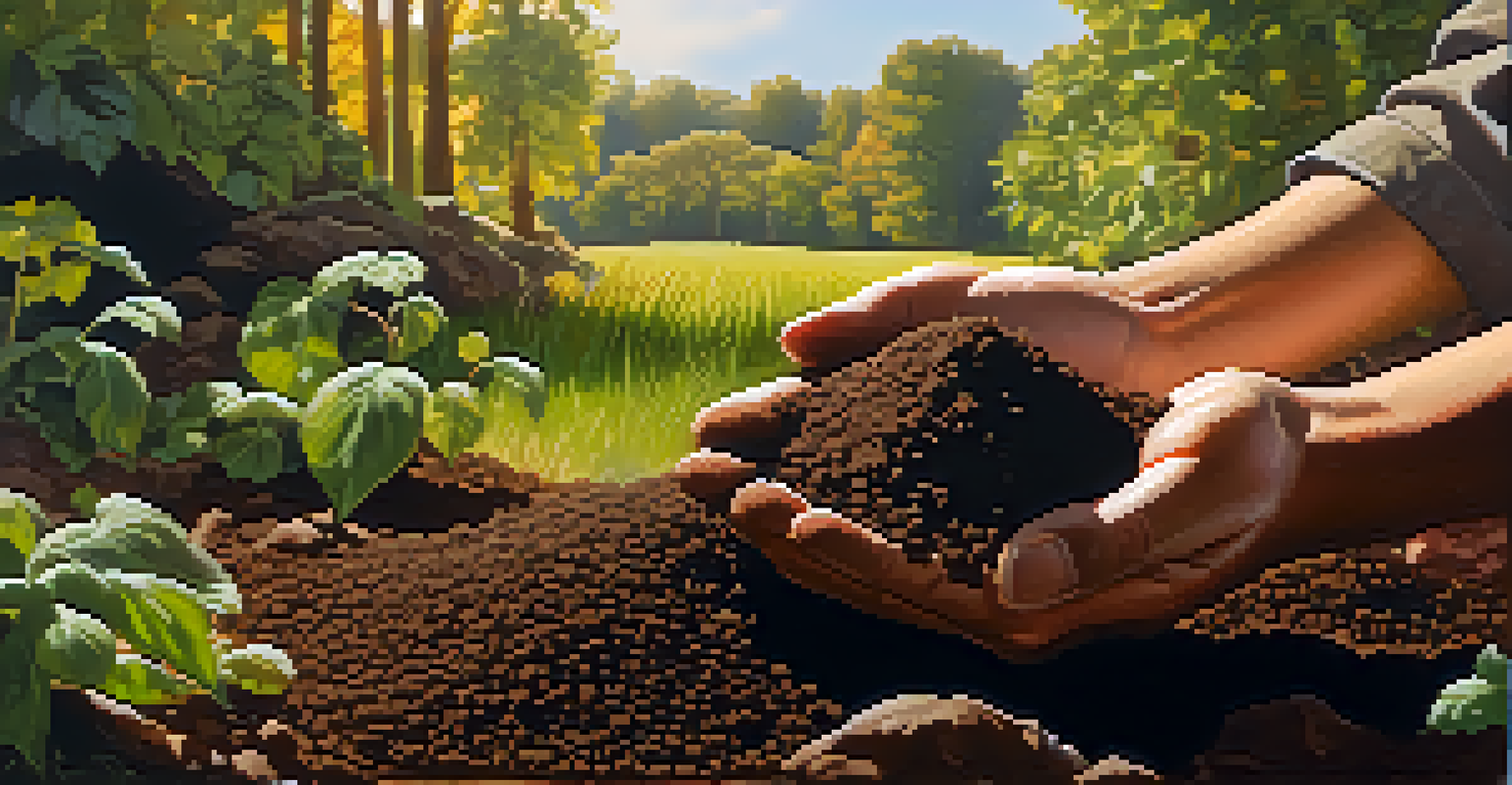Close-up of rich soil being mixed with compost in a garden setting.