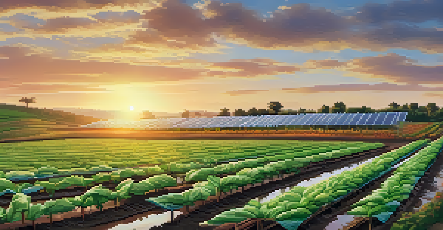 A panoramic view of a sustainable farm with diverse crops and solar panels under a sunset sky.