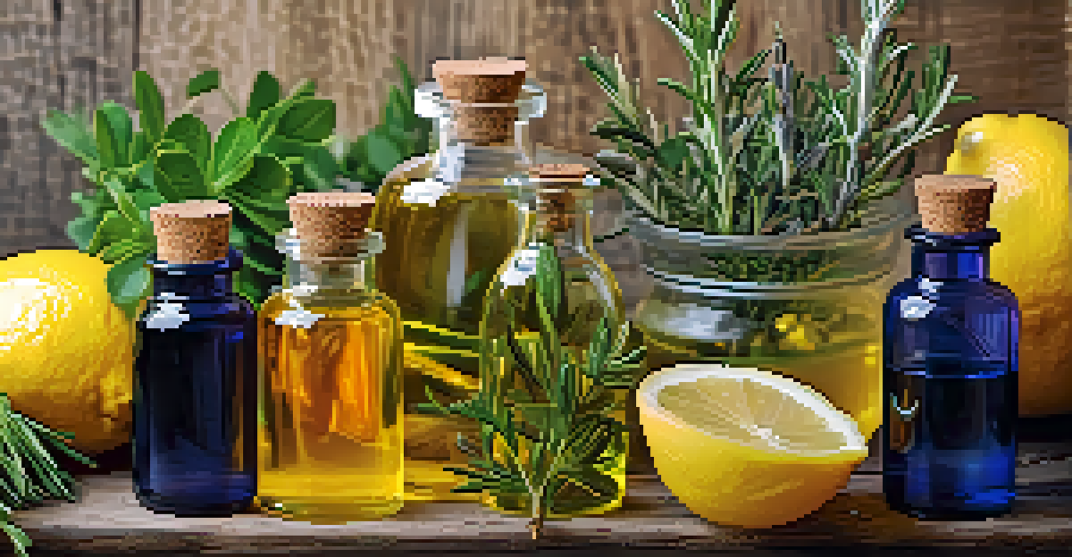 A collection of colorful essential oil bottles on a wooden surface surrounded by fresh herbs and citrus fruits.