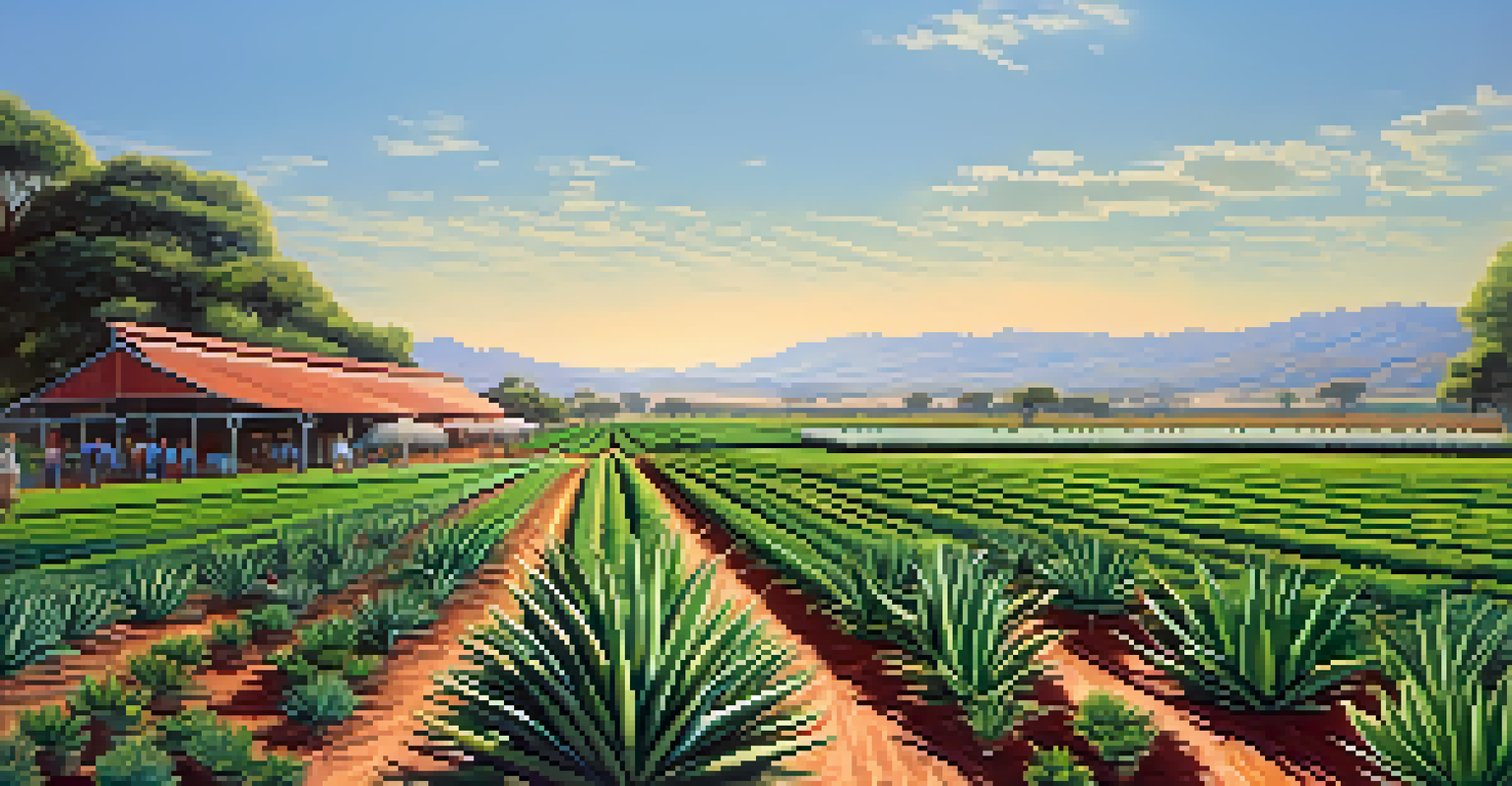 An aloe vera farm with rows of plants and a farmer under a blue sky, showcasing sustainable practices.
