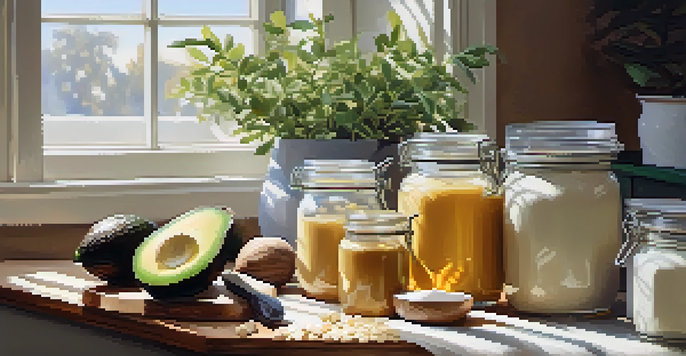 A kitchen table displaying various natural ingredients for DIY beauty products, including coconut oil, shea butter, and fresh avocados, with sunlight filtering through a window.