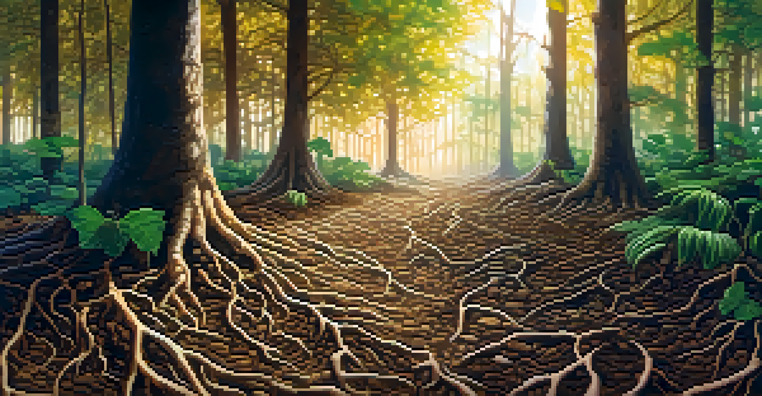 Close-up view of healthy soil with tree roots and leaf litter, illuminated by soft sunlight.