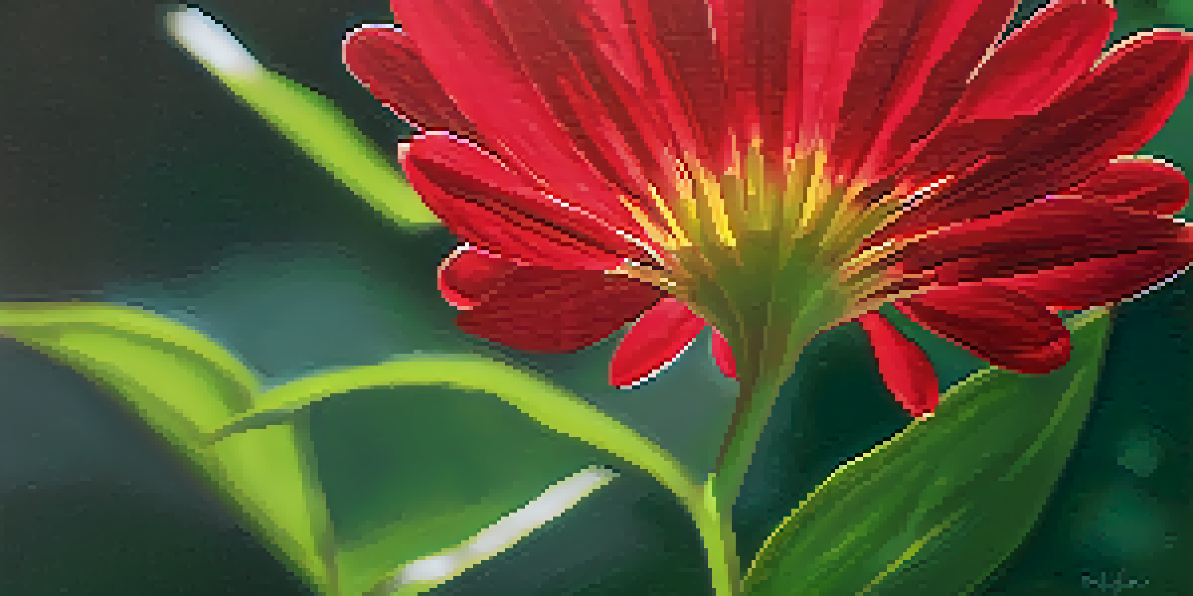 A close-up of a bright red flower displaying detailed petals and leaves against a blurred green background.