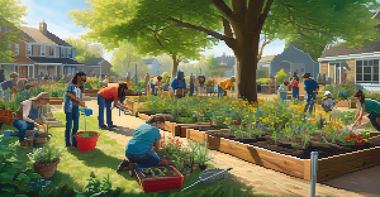 A community garden with people planting native flowers, promoting pollinator health and cooperation.