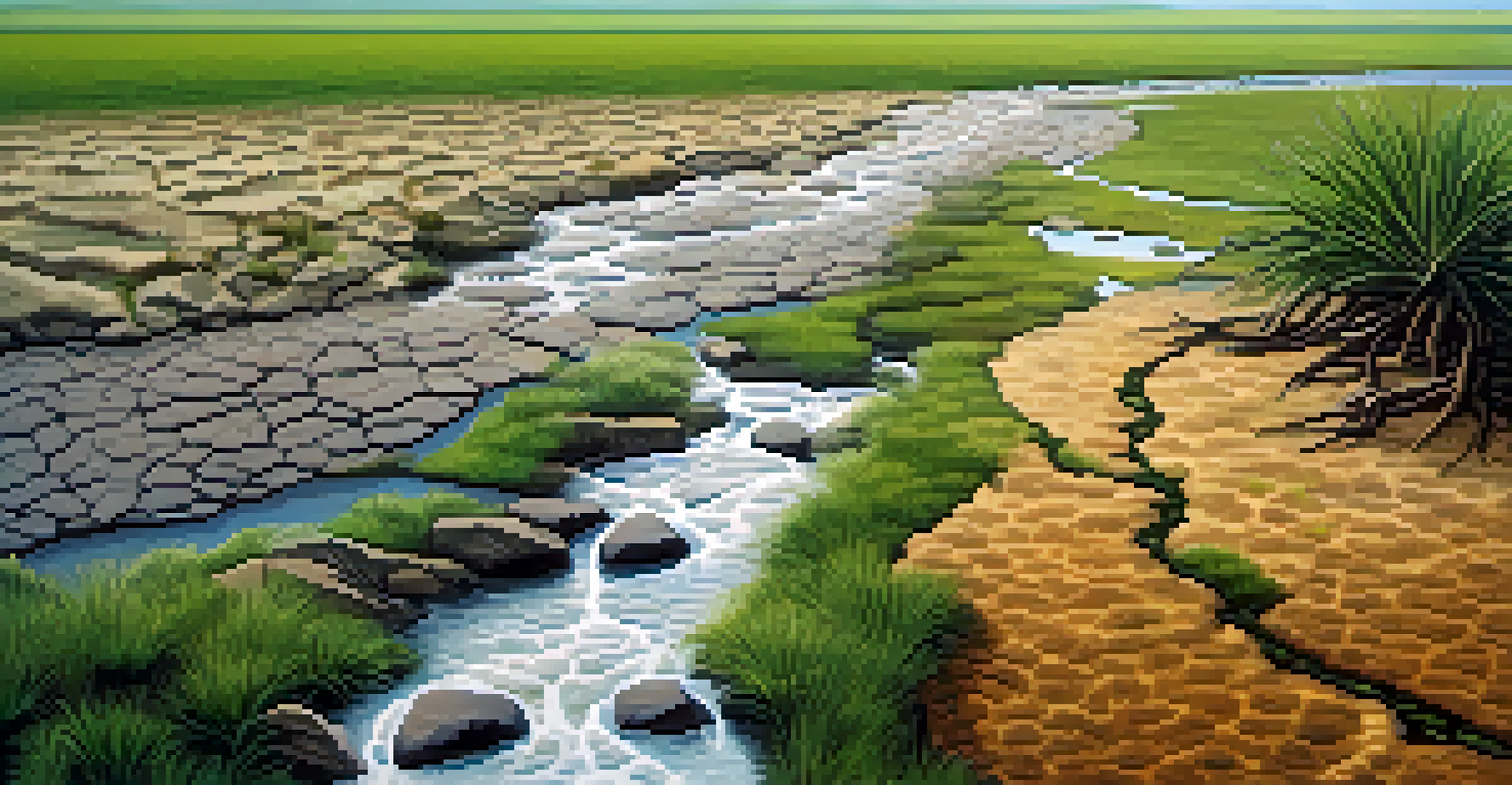 A contrasting landscape showing dry, cracked earth on one side and a lush, green area with thriving plants on the other.