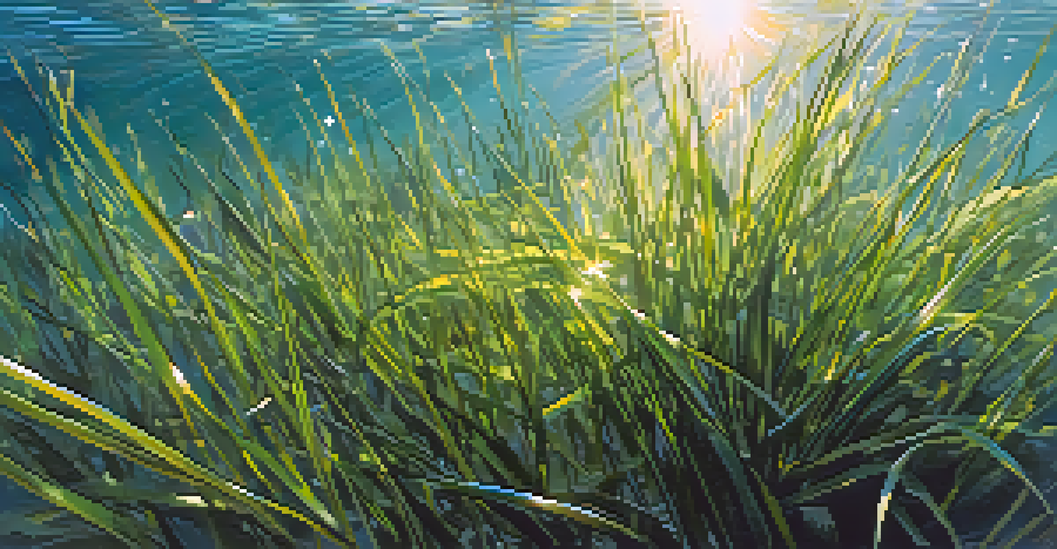 An underwater view of eelgrass swaying in the current with sunlight filtering through the water and small fish swimming around.