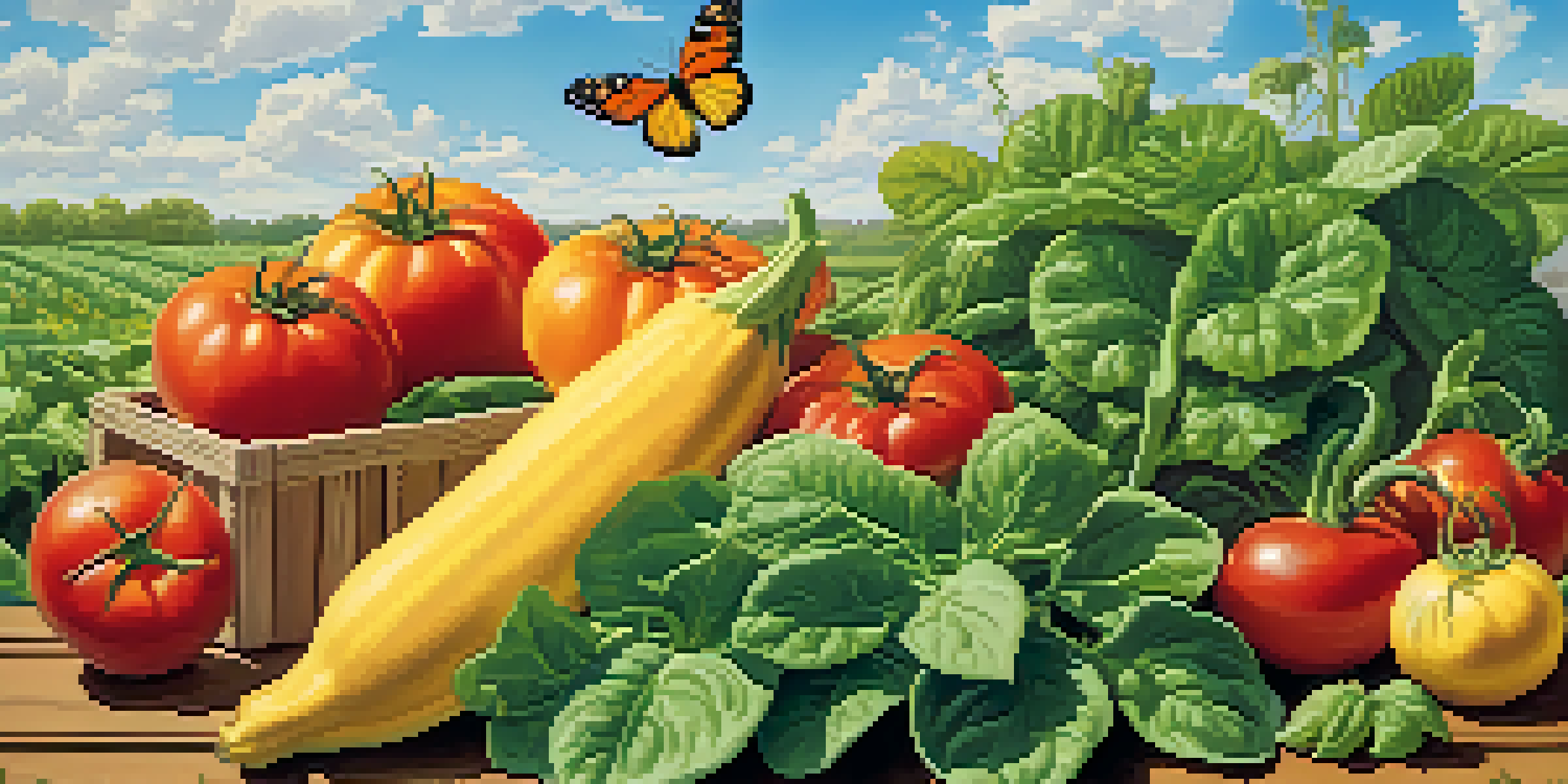 A colorful garden filled with various seasonal crops under a sunny blue sky.
