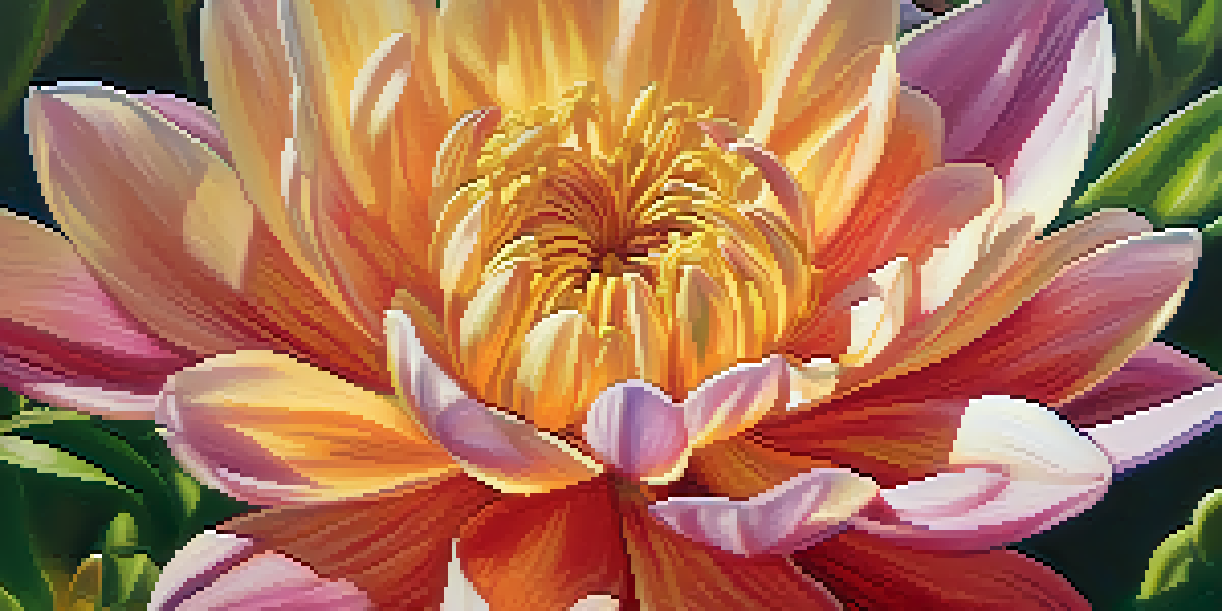 A colorful flower in bloom with detailed petals, surrounded by green foliage and soft sunlight.