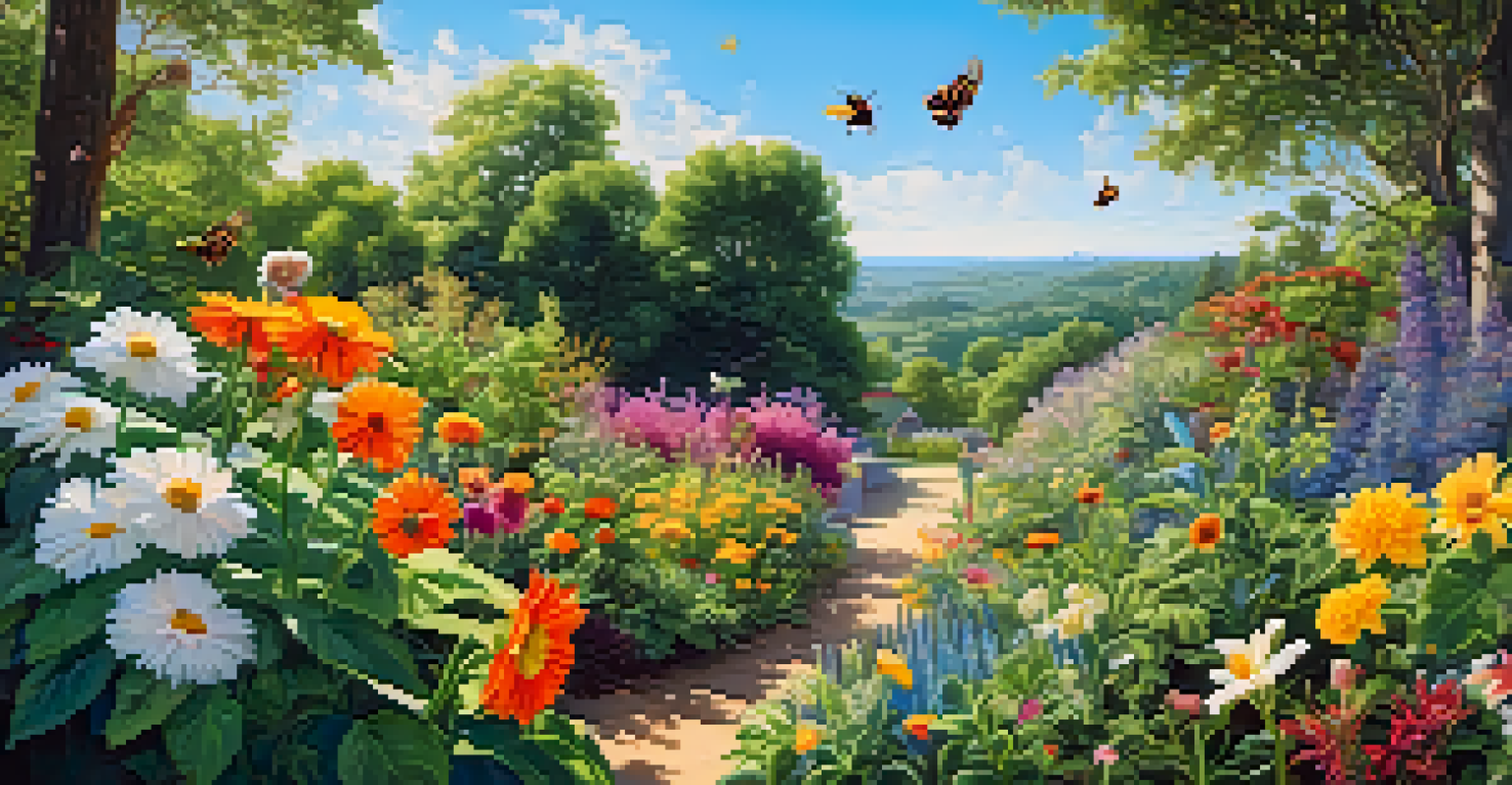 A colorful garden with bees and butterflies among flowers, illuminated by sunlight.