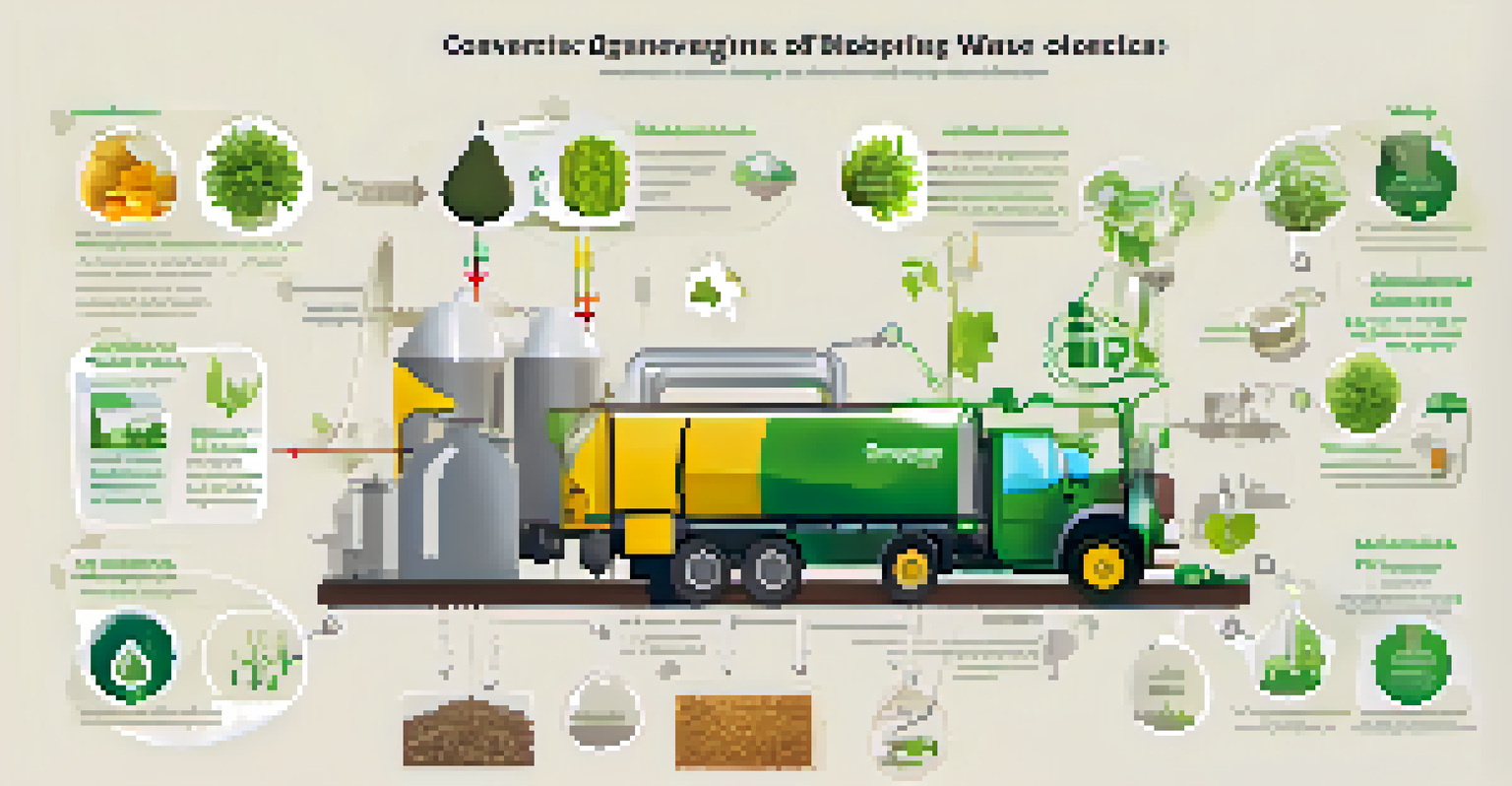 An infographic showing the conversion of organic waste into bioenergy, with icons and steps illustrated.