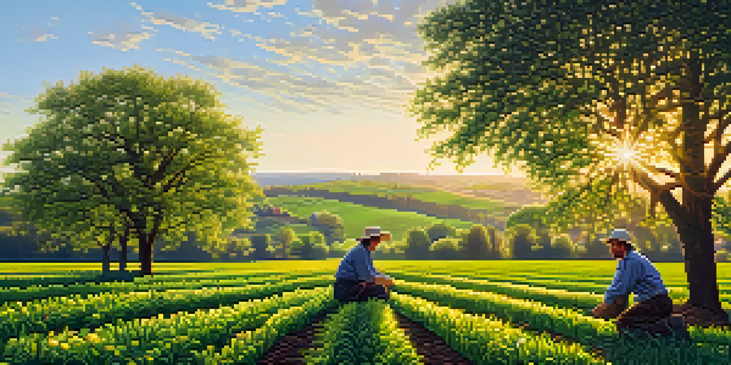 A farmer planting apple trees next to cornfields under a sunny sky, with diverse trees in the background.