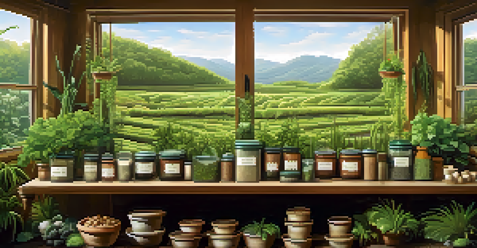A table with organic fertilizers like bone meal and kelp meal, surrounded by lush green plants, under warm lighting.
