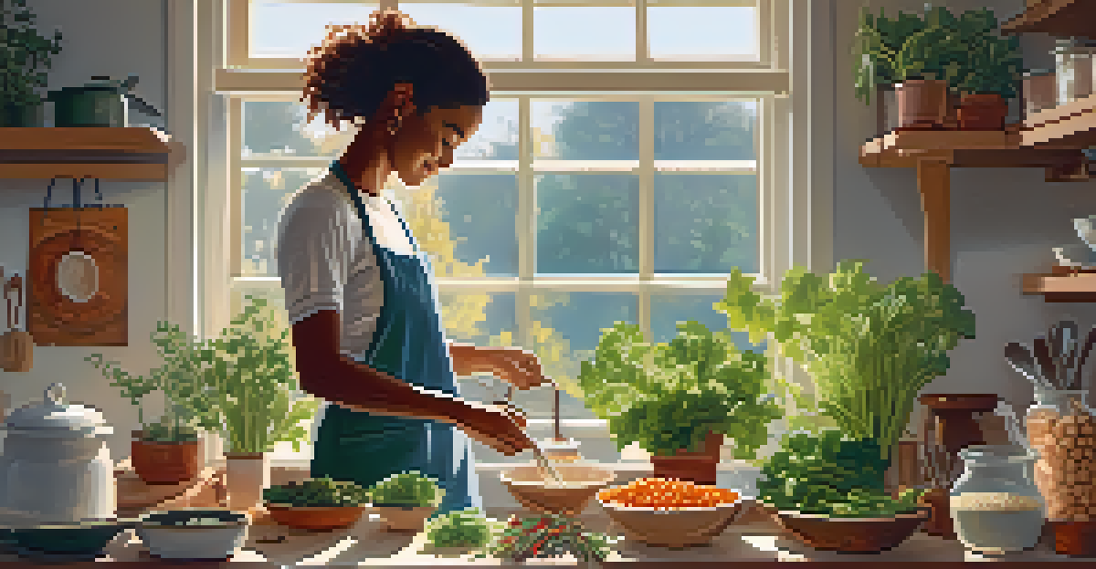 A cozy kitchen with a person cooking a plant-based meal, surrounded by fresh ingredients and sunlight streaming through the window.
