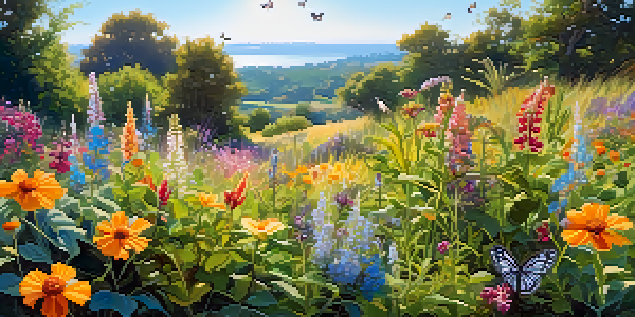 A colorful garden featuring native plants with wildflowers and grasses, illuminated by sunlight and a butterfly in flight.