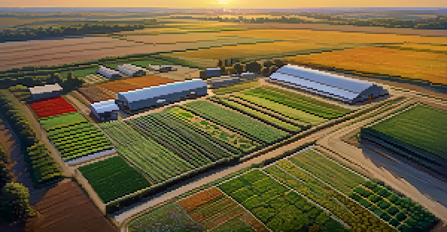 Aerial view of a modern agricultural research facility with diverse crops under warm golden hour light, showcasing colorful fields and textures.