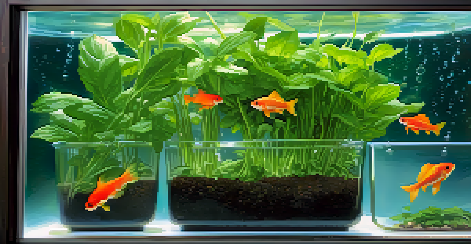 Close-up of fresh, green herbs in an aquaponic system, with a fish tank in the background.