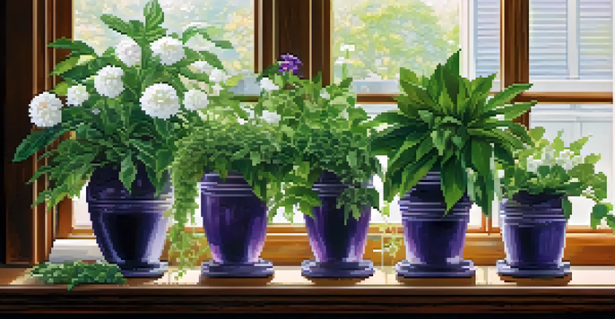 An indoor plant display with green leaves, white flowers, and purple blooms on a wooden shelf with sunlight.