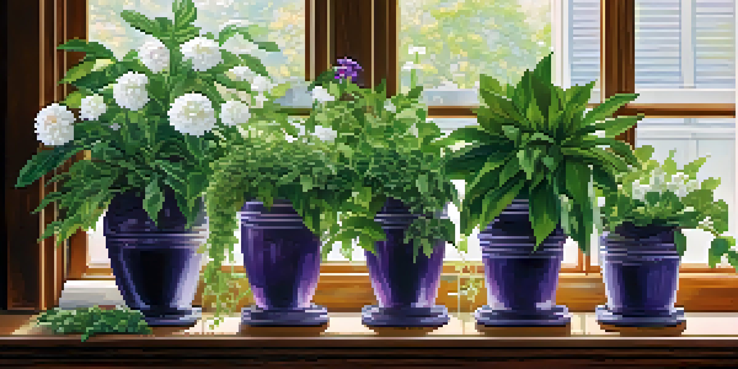 An indoor plant display with green leaves, white flowers, and purple blooms on a wooden shelf with sunlight.