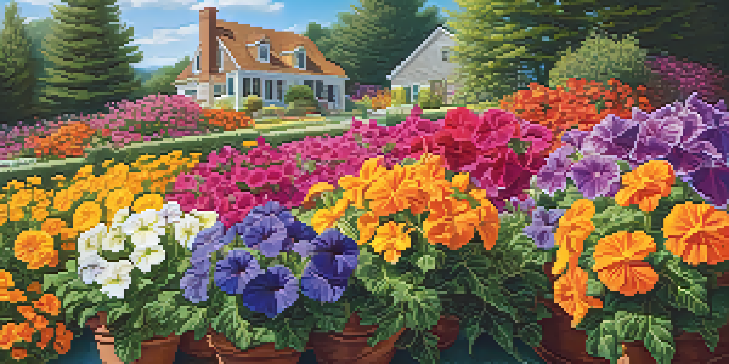 A colorful garden with blooming petunias and marigolds, bright blue sky and lush green foliage.
