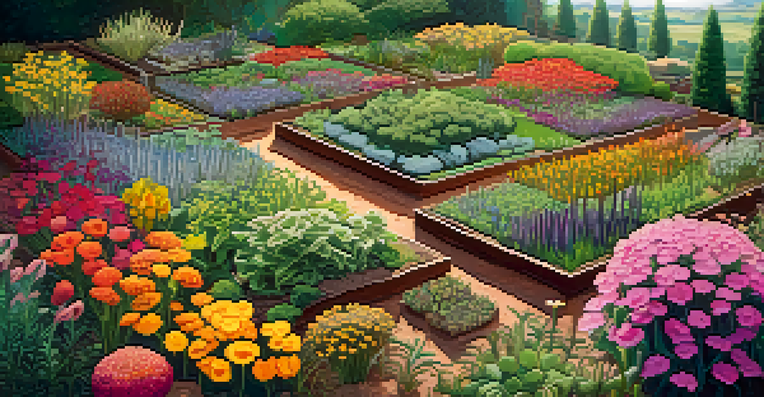 Aerial view of a diverse garden with colorful flowers and illustrating mycorrhizal fungi in the soil.