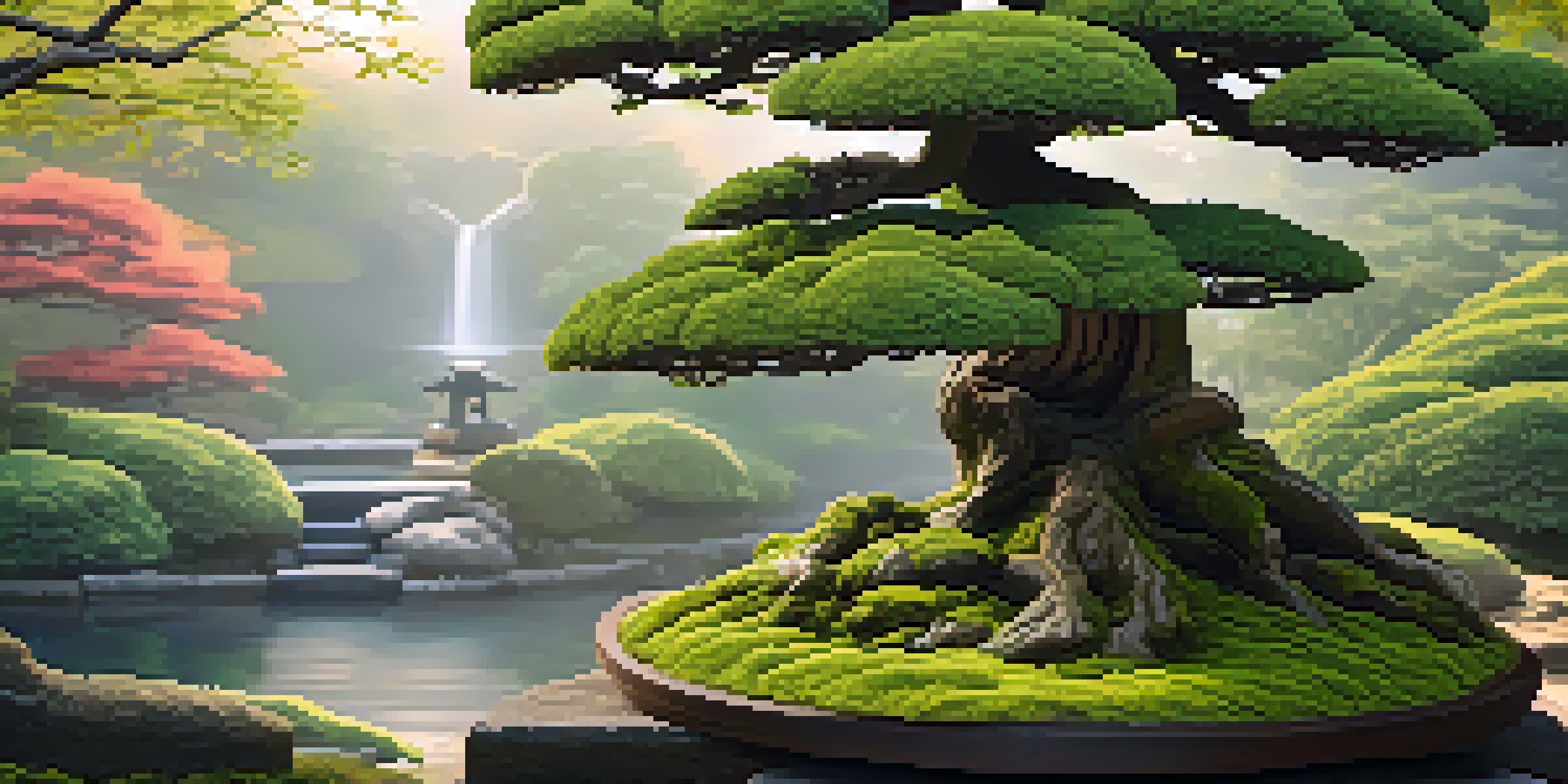 A beautifully shaped bonsai tree in a tranquil Japanese garden, surrounded by greenery and a stone lantern, illuminated by morning sunlight.