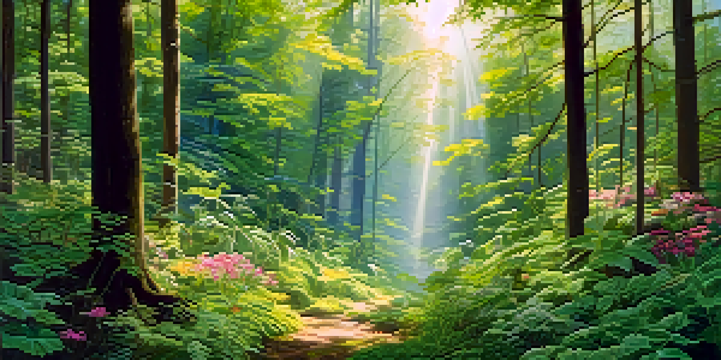 A vibrant green forest with tall trees and various medicinal plants, illuminated by dappled sunlight.