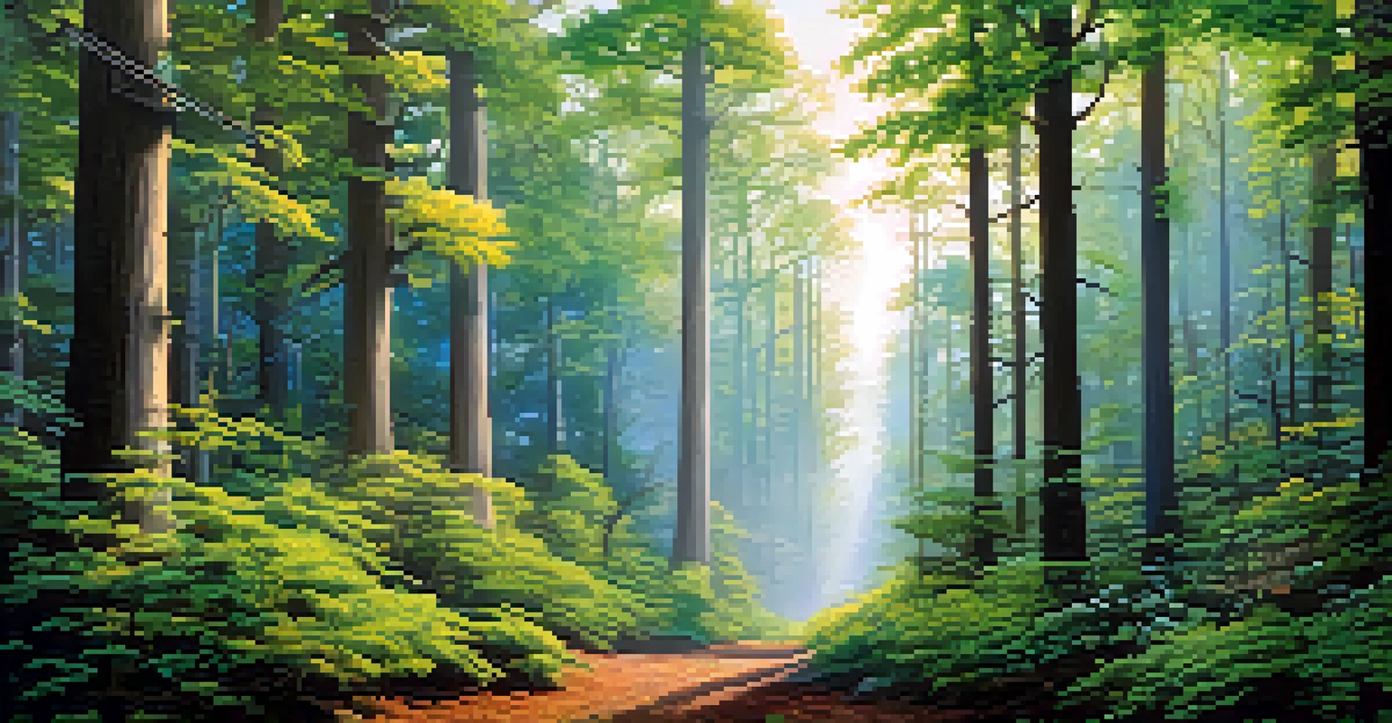 A peaceful woodland scene with trees and plants communicating through colorful chemical signals in the air.