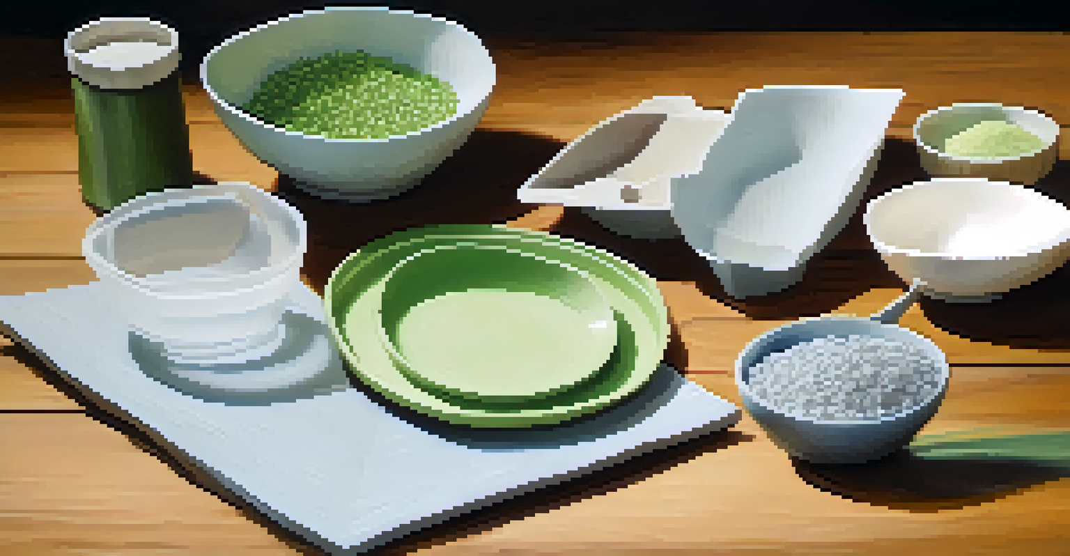 Close-up of bioplastics shaped into containers and utensils on a wooden table, illuminated by natural light.