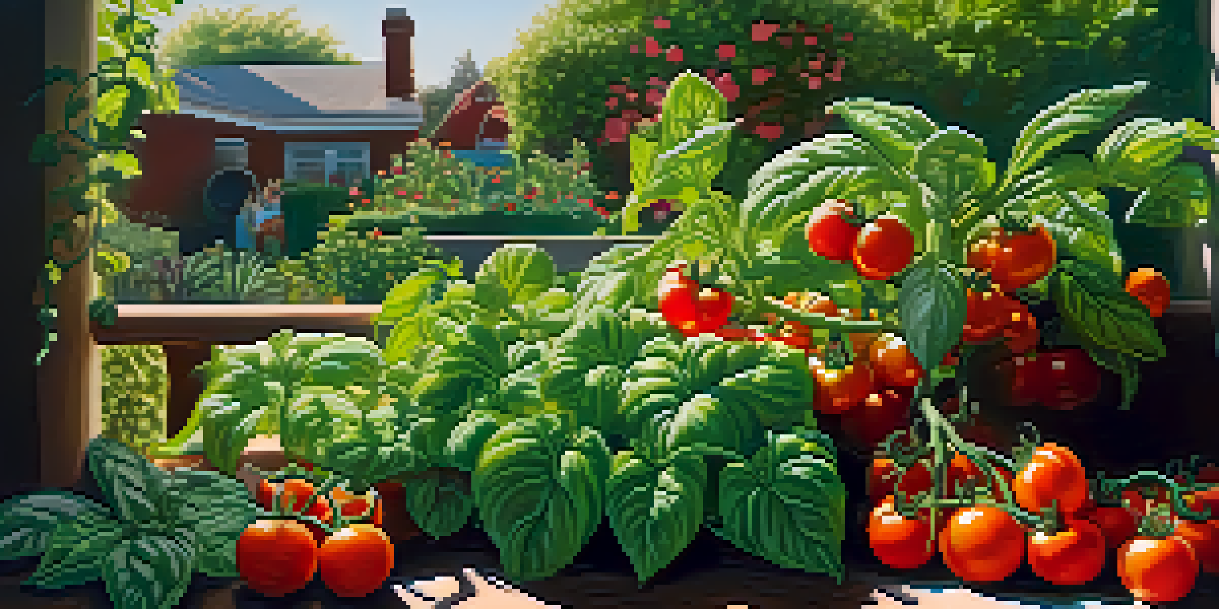 A colorful garden featuring ripe tomatoes growing alongside green basil plants, illuminated by sunlight.