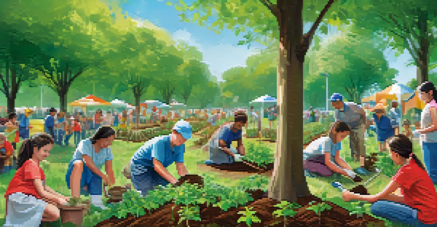 Volunteers planting trees in a sunny park during a community event.