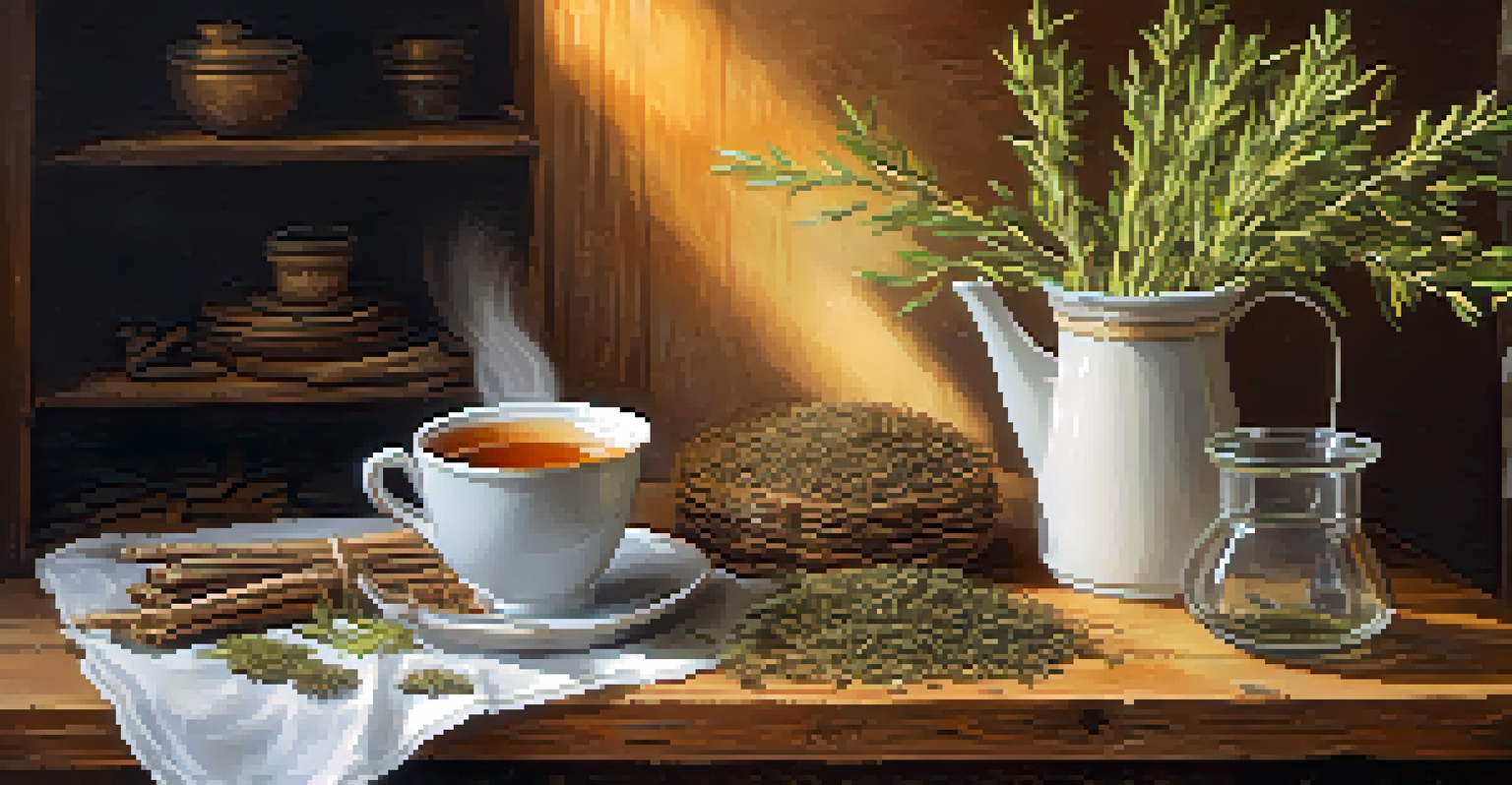 A cozy herbalist's workspace with a cup of willow bark tea, fresh leaves, and herbal tools on a wooden table.