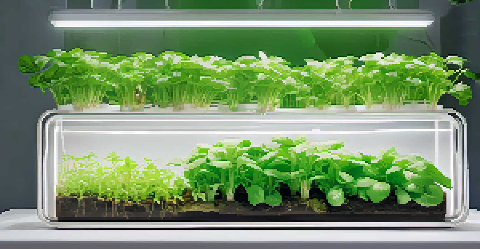 Close-up of a deep water culture hydroponics system, showing healthy plant roots submerged in clear nutrient water under colorful LED lights.