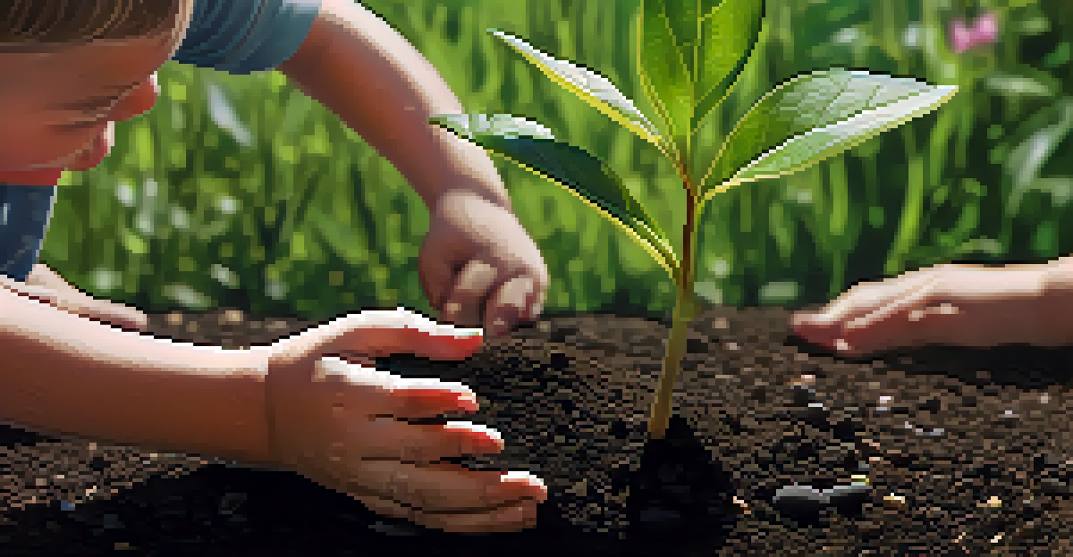 A child's hands planting a young sapling in dark soil, surrounded by grass and small stones.