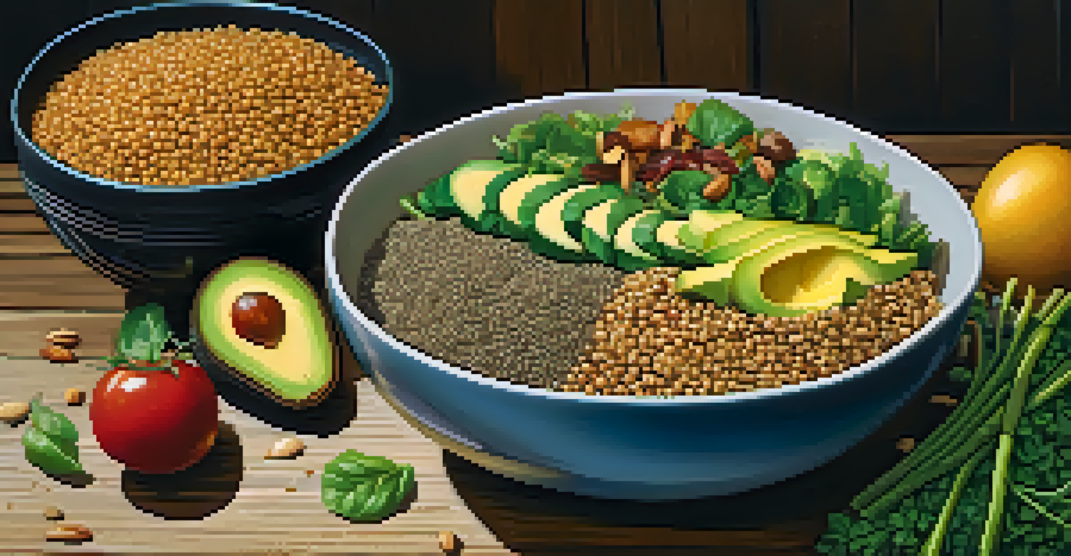 A close-up view of a bowl with plant-based foods like quinoa, lentils, and avocado on a wooden table.