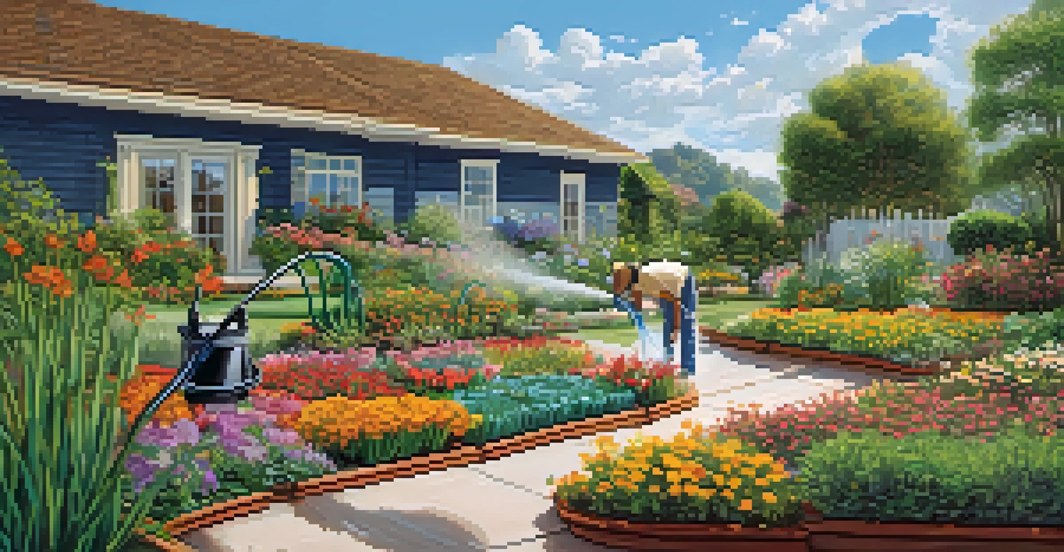 Split-view comparison of drip watering system and a gardener soaking new plants with a hose in a colorful garden.