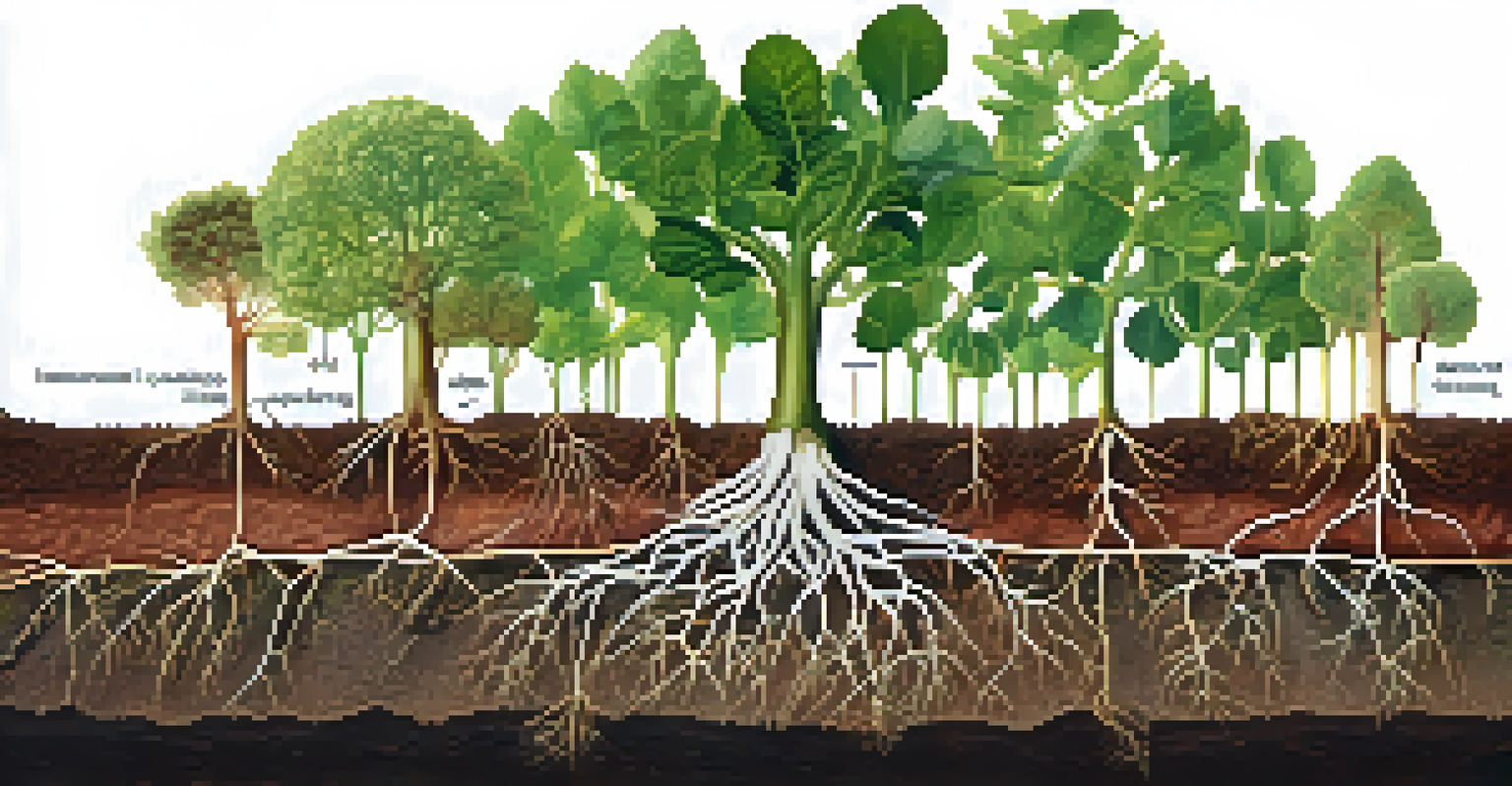 A cross-section view of healthy soil with plant roots intertwined with mycorrhizal fungi, displaying a vibrant ecosystem.