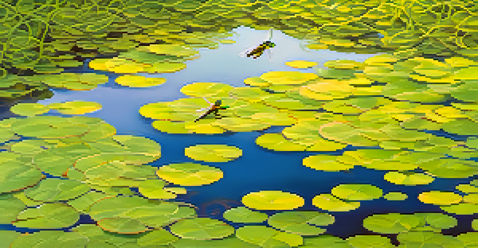A close-up of duckweed on a pond surface, with reflections of trees and sky, and dragonflies flying above.