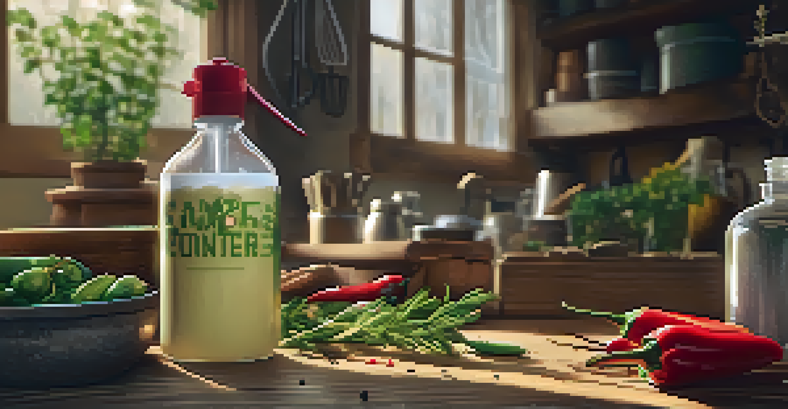 A close-up of a gardener preparing a homemade pest control spray with garlic and chili peppers on a wooden table.