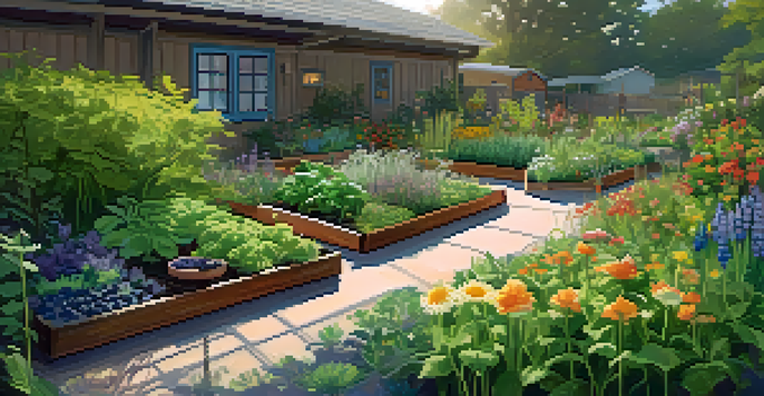 A colorful permaculture garden with various plants organized into zones, sunlight filtering through leaves, and a rainwater barrel.