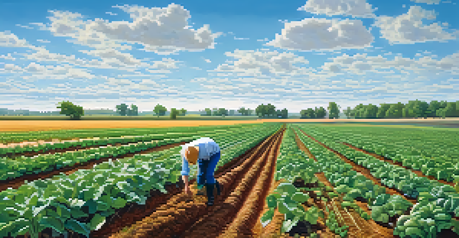 A wide agricultural landscape with a farmer inspecting diverse crops under a clear blue sky, representing sustainable farming.