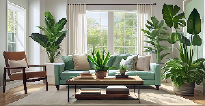 A modern living room with a coffee table adorned with various indoor plants, illuminated by soft natural light.