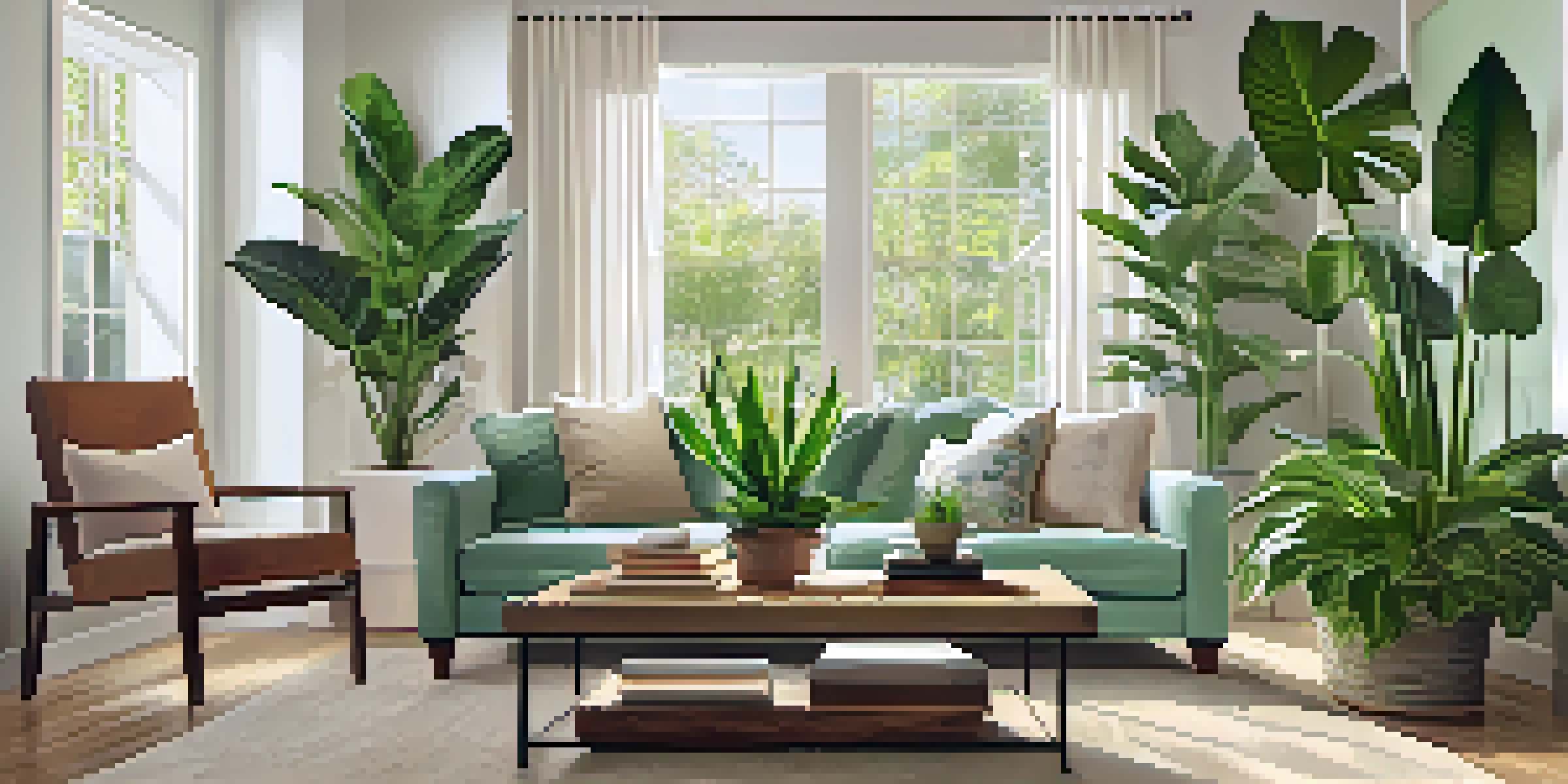 A modern living room with a coffee table adorned with various indoor plants, illuminated by soft natural light.