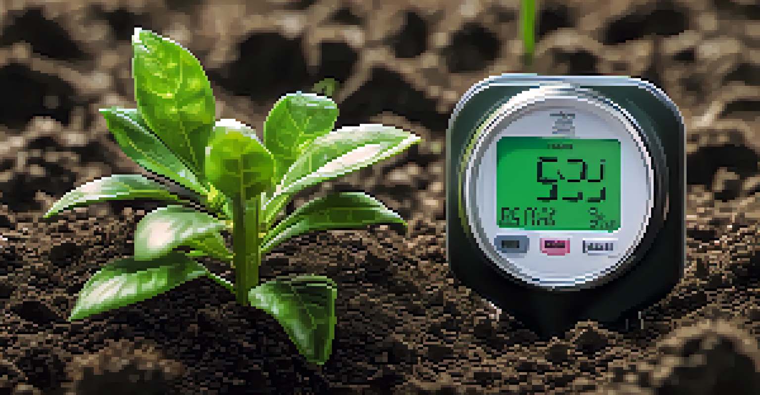 Close-up of soil with a moisture meter and healthy plants, showcasing the importance of soil moisture checking.