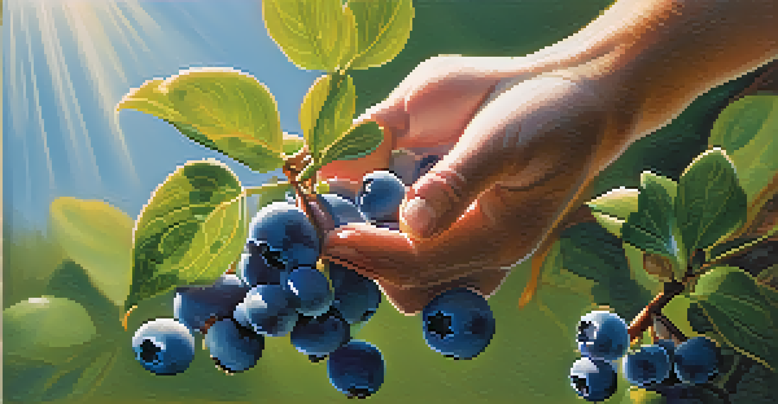 A close-up of a hand picking ripe blueberries from a bush, with sunlight creating a warm glow on the berries and leaves.