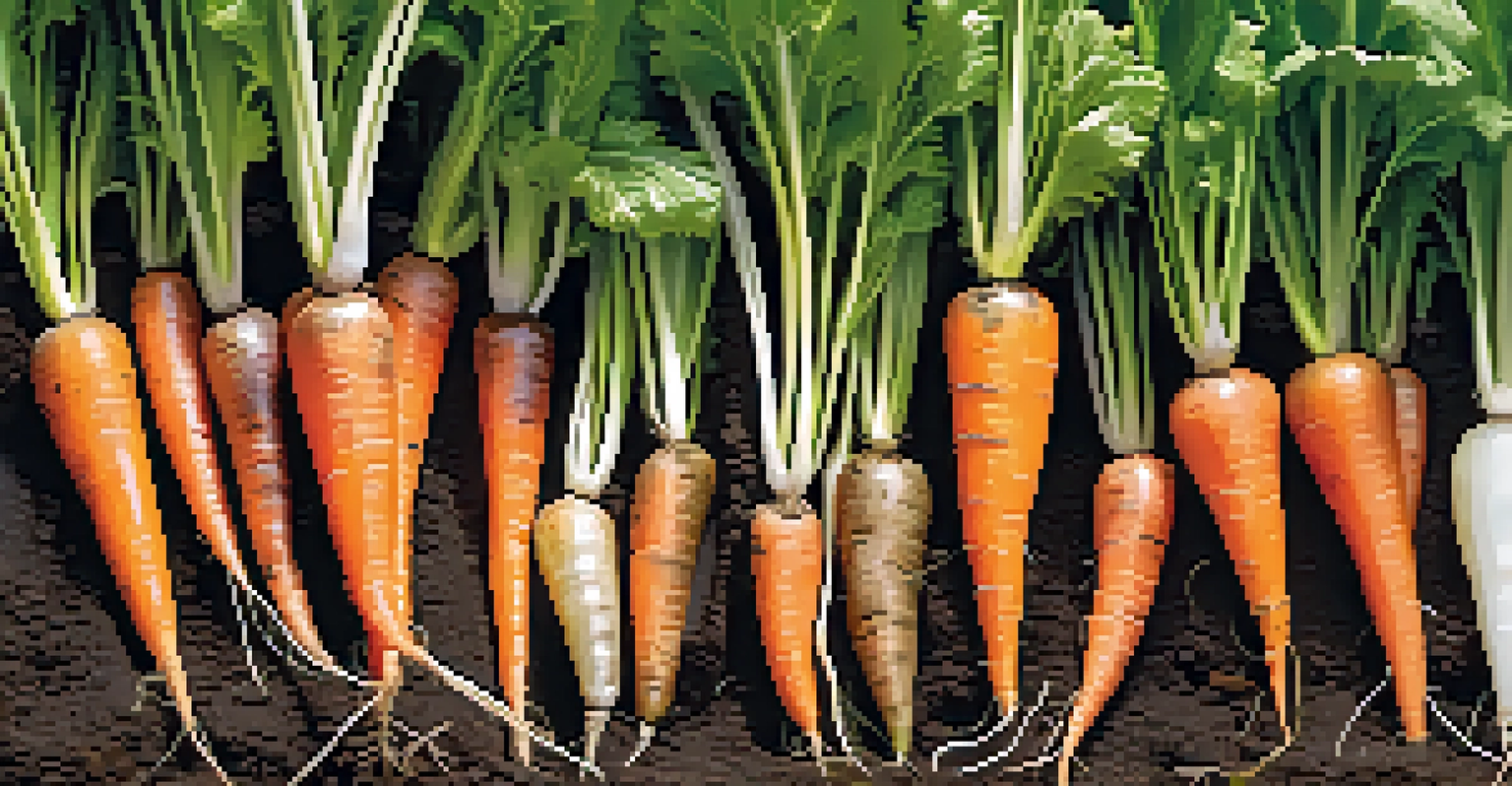 Close-up of carrots and onions growing together in a vegetable garden, showcasing vibrant colors and fresh greenery.