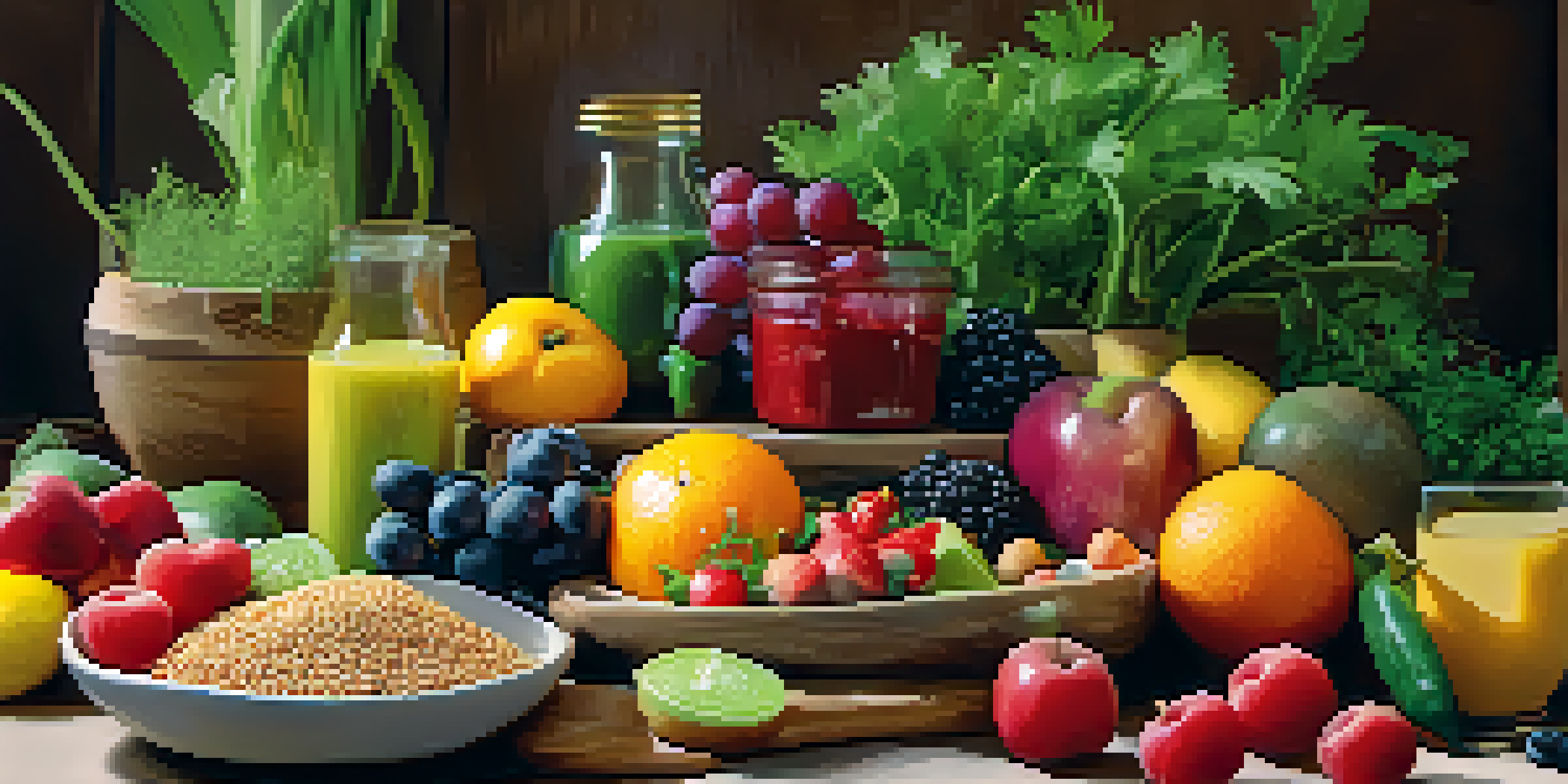 A colorful plant-based meal with fruits, vegetables, grains, and legumes displayed on a wooden table with natural light.