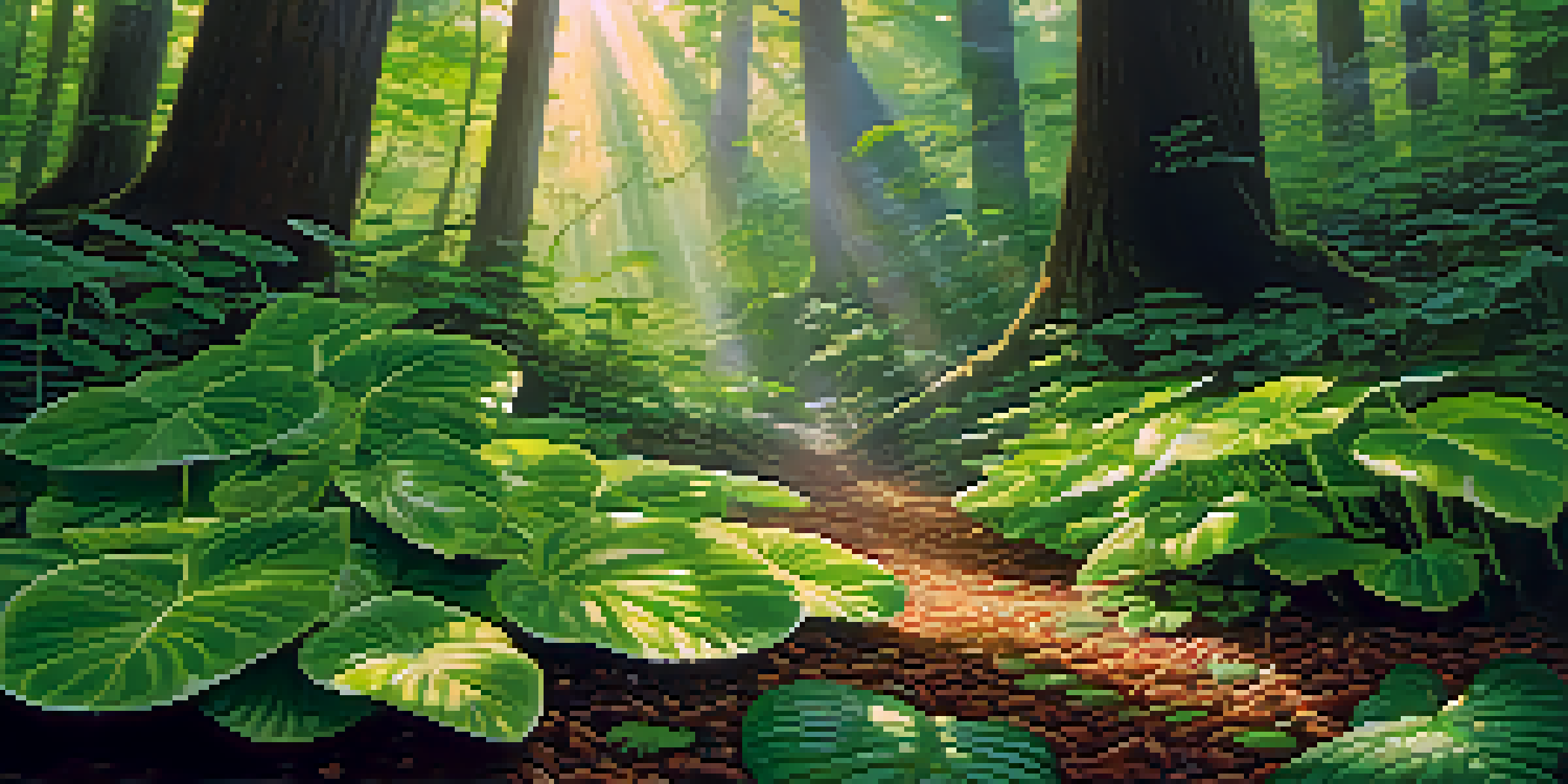 A lush forest with sunlight shining through the leaves, highlighting a close-up of a leaf with water droplets, symbolizing photosynthesis.