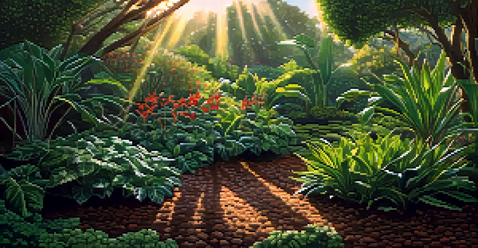 A scenic garden view showing diverse plants with visible root structures and rich, moist soil.